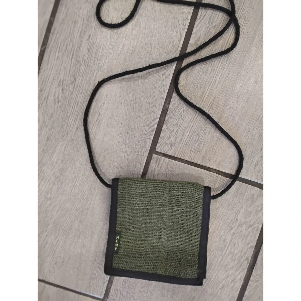 100% Hemp Crossbody Neck Wallet Olive Green Travel Pouch Made in Nepal Boho